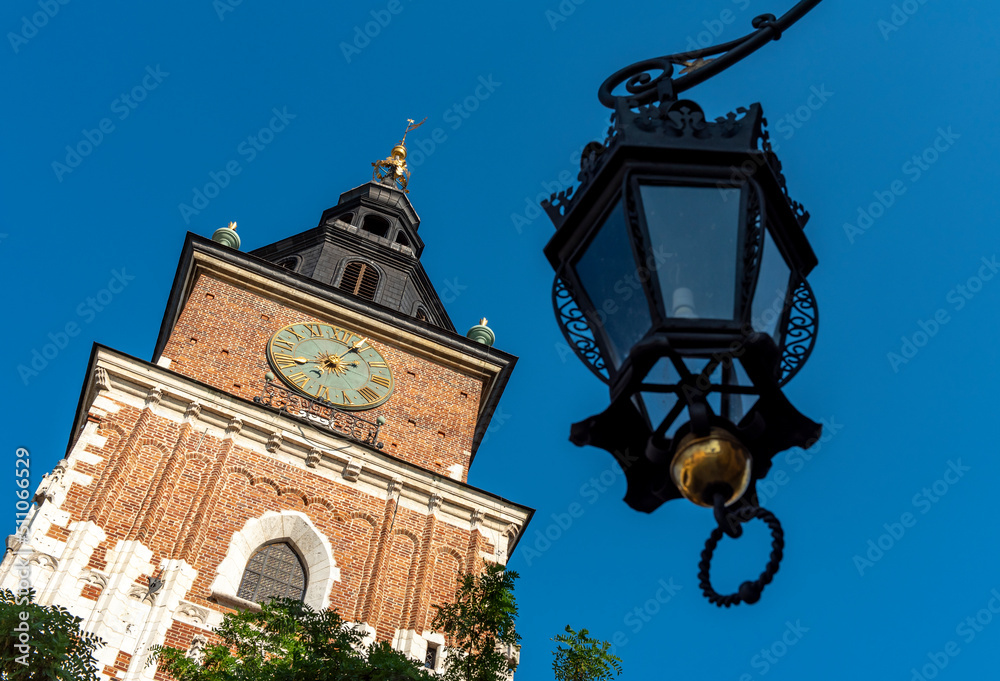 Town Hall Tower, KrakowStreet Light and Town Hall Tower, Main Square, Rynek Glowny, Krakow, Poland - obrazy, fototapety, plakaty 