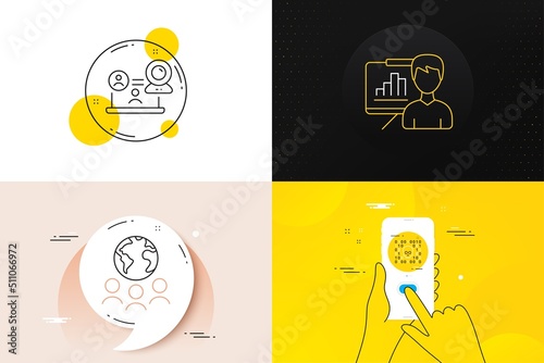 Minimal set of Global business, Video conference and Binary code line icons. Phone screen, Quote banners. Presentation board icons. For web development. Vector