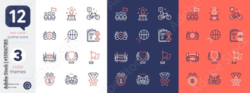 Set of Basketball, Sports arena and Laureate line icons. Include Leadership, Flag, Arena stadium icons. Bike, Winner, Winner ribbon web elements. Dumbbell, Success, Approved. Sport ball. Vector