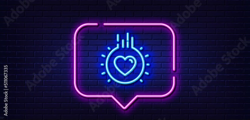 Neon light speech bubble. Love line icon. Heart sign. Dating profile symbol. Neon light background. Love glow line. Brick wall banner. Vector