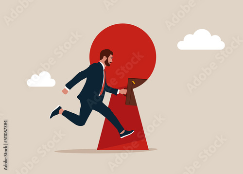Businessman running to keyhole door on big wall, concept business opportunity and challenges in the future. isometric vector illustration.