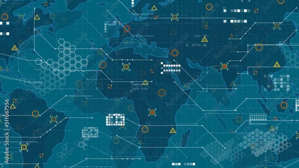 Animation of network of connections over world map on blue background Animation of network of connections over world map on blue background
