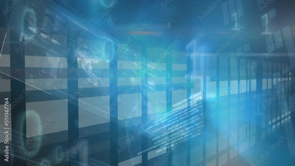 Animation of data processing over server room Animation of data processing over server room