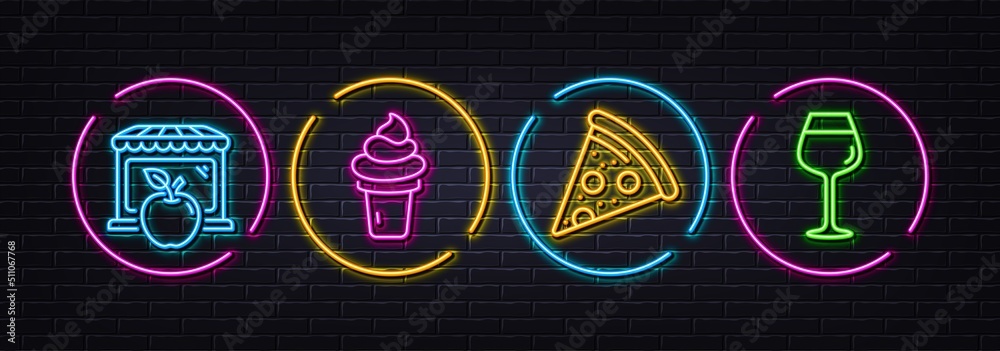 Pizza, Ice cream and Market minimal line icons. Neon laser 3d lights. Bordeaux glass icons. For web, application, printing. Pizzeria, Vanilla waffle, Apple store. Wine glass. Vector