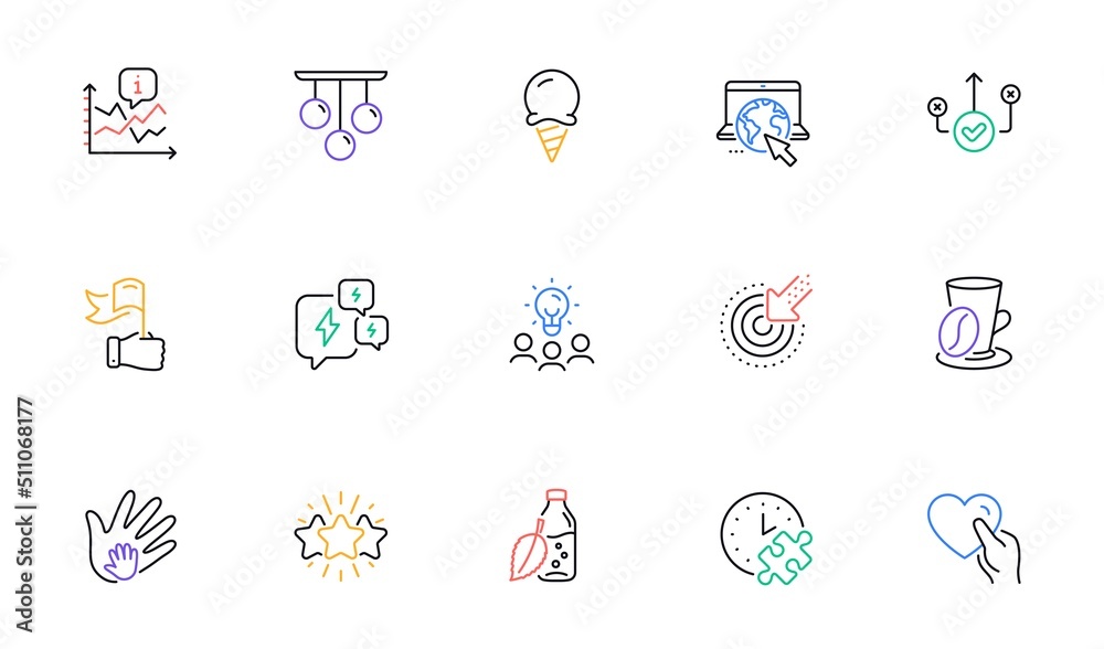 Puzzle time, Internet and Ice cream line icons for website, printing. Collection of Chart, Social responsibility, Ceiling lamp icons. Hold heart, Business idea, Stress web elements. Star. Vector