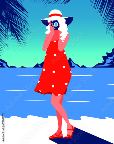 Vector illustration blue color palette girl in summer in a red dress and hat with a camera resting on vacation on the beach and photographing nature and palm trees