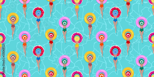 Swimming woman on float in pool, sea or ocean. Summer holiday relaxing concept, cute seamless pattern