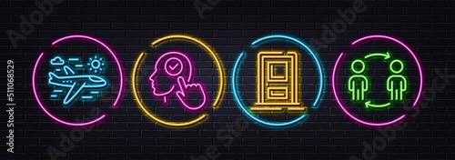 Entrance, Airplane travel and Select user minimal line icons. Neon laser 3d lights. Workflow icons. For web, application, printing. Door, Trip flight, Head with checkbox. Partnership. Vector