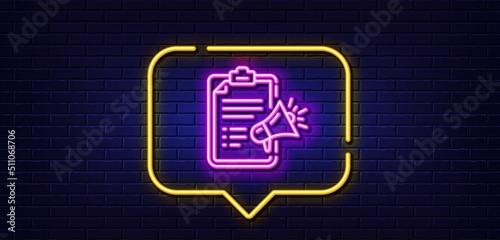 Neon light speech bubble. Megaphone checklist line icon. Advertisement device symbol. Brand ambassador sign. Neon light background. Megaphone checklist glow line. Brick wall banner. Vector
