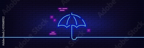 Neon light glow effect. Umbrella line icon. Rain defence sign. Safe insurance symbol. 3d line neon glow icon. Brick wall banner. Umbrella outline. Vector