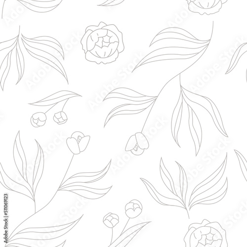 Seamless background of flowers in one line. Peony flower. Peonies pattern on a white background. Vector illustration in botanical style.