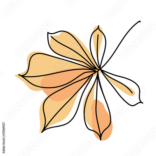 Orange chestnut leaf isolated on white background. Autumn leaves in linear art with the addition of colored spots. Vector illustration.