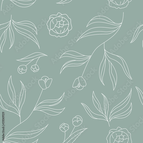 Floral spring seamless background. Peony flower. Peonies pattern on a green background. Vector illustration in botanical style.