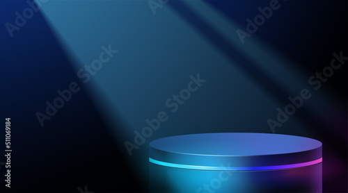 Futuristic cyber stage with 3d blue neon podium glowing for Product display presentation in darkness
