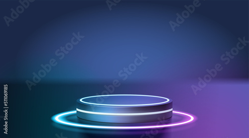 Futuristic cyber stage with 3d blue neon podium glowing for Product display presentation in darkness