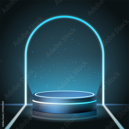 Futuristic cyber stage with 3d blue neon podium glowing for Product display presentation in darkness