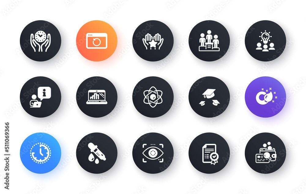 Minimal set of Recovery internet, Certificate and Atom core flat icons for web development. Paint brush, Interview, Eye detect icons. Graph laptop, Safe time, Throw hats web elements. Vector