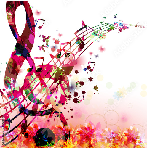 Colorful musical poster with musical notes staff and G-clef isolated vector illustration. Playful modern background for live concert events, music festivals, shows, karaoke party flyers, invitations	