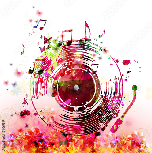  Colorful LP vinyl record disc with musical notes and flowers for concert events, music festivals and shows, party flyers, invitations. Musical poster for club party vector illustration	