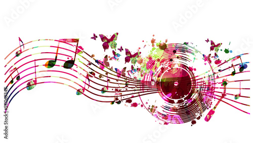 Colorful LP vinyl record disc with musical notes stave and butterflies for concert events, music festivals and shows, party flyers, invitations. Musical poster for club party vector illustration	