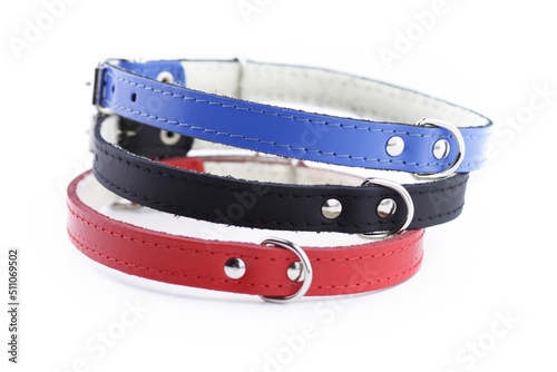 Leather dog collars on a white background