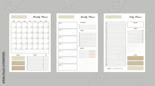 Vector minimalist planner template. Daily, weekly, monthly page set. Printable business or everyday life organizer, calendar, weekly schedule, to do list, habit tracker.  Earth colored, beige design