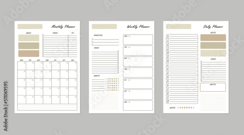 Vector minimalist planner template. Daily, weekly, monthly page set. Printable business or everyday life organizer, calendar, weekly schedule, to do list, habit tracker.  Earth colored, beige design.