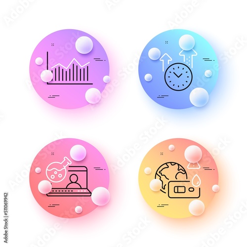 Online chemistry, Money diagram and Time management minimal line icons. 3d spheres or balls buttons. Covid test icons. For web, application, printing. Lab flask, Currency diagram, Office clock. Vector
