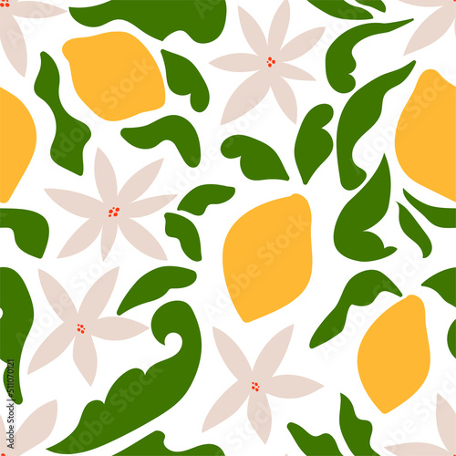 Tropical seamless pattern with yellow lemons and blossom. Fruit repeated background. Vector bright print for fabric or wallpaper.