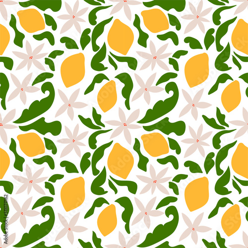 Tropical seamless pattern with yellow lemons and blossom. Fruit repeated background. Vector bright print for fabric or wallpaper.
