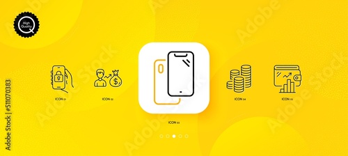 Coins, Locked app and Sallary minimal line icons. Yellow abstract background. Smartphone, Wallet icons. For web, application, printing. Tips money, Smartphone lock, Person earnings. Phone. Vector