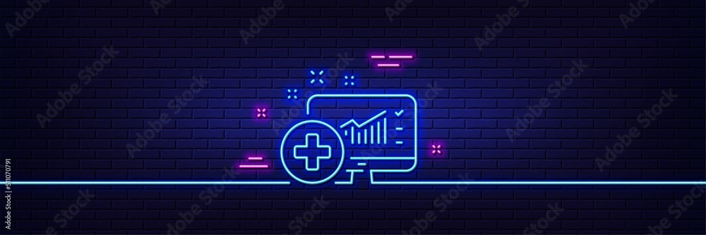 Neon light glow effect. Medical analytics line icon. Hospital statistics sign. 3d line neon glow icon. Brick wall banner. Medical analytics outline. Vector Neon light glow effect. Medical analytics line icon. Hospital statistics sign. 3d line neon glow icon. Brick wall banner. Medical analytics outline. Vector