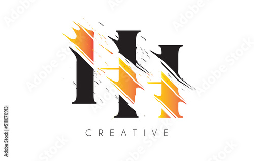 Black and Yellow HH Letter Logo with Vintage Grundge Drawing Design. Destroyed Cutted Letter Icon Vector.
