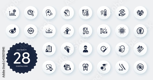 Set of Medical icons, such as Covid test, Stay home and Electronic thermometer flat icons. Recovered person, High thermometer, Medical mask web elements. Nasal test, Eye drops, Cough signs. Vector