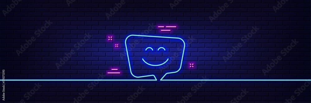Neon light glow effect. Smile face line icon. Happy emoticon chat sign. Speech bubble symbol. 3d line neon glow icon. Brick wall banner. Smile face outline. Vector Neon light glow effect. Smile face line icon. Happy emoticon chat sign. Speech bubble symbol. 3d line neon glow icon. Brick wall banner. Smile face outline. Vector