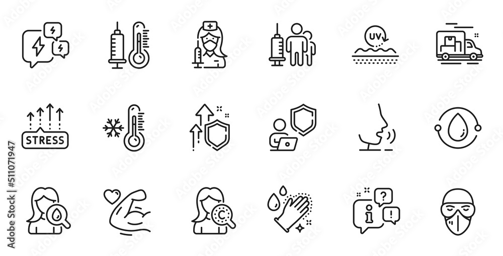 Outline set of Moisturizing cream, Thermometer and Collagen skin line icons for web application. Talk, information, delivery truck outline icon. Vector