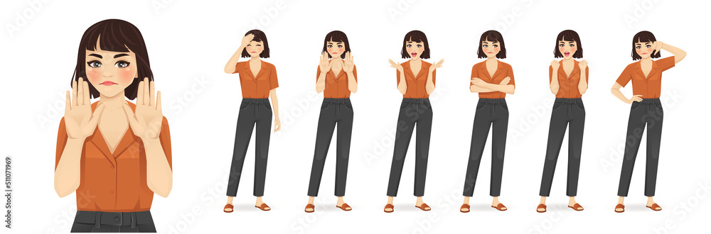 Young woman in casual style clothes showing negative emotions with different gestures. Isolated vector ilustration set. Young woman in casual style clothes showing negative emotions with different gestures. Isolated vector ilustration set.