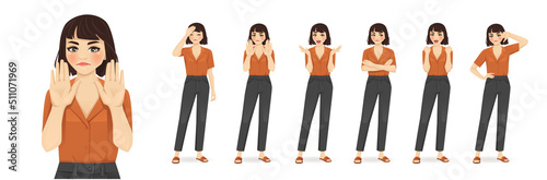 Young woman in casual style clothes showing negative emotions with different gestures. Isolated vector ilustration set.