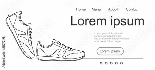 Vector illustration of sneakers. Sports shoes in a line style. Continuous one line.  Can used for logo, emblem, slide show and banner. Illustration with quote template. 