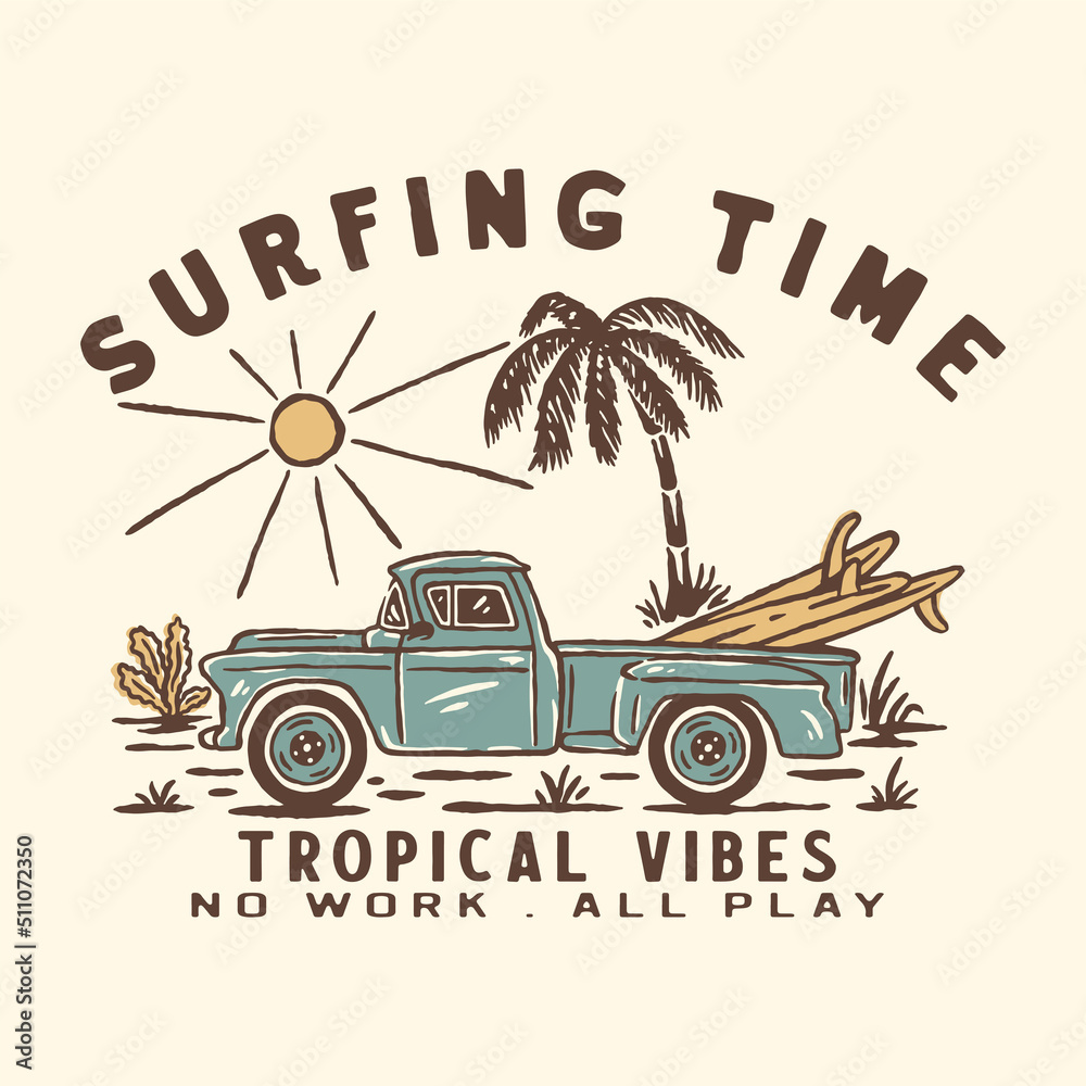 tropical illustration surf time design car vintage t shirt - obrazy, fototapety, plakaty 