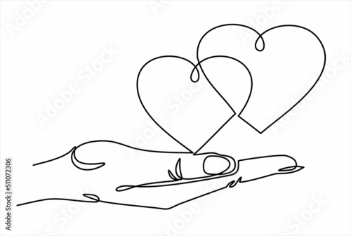 One continuous line drawing of hand holding hearts.vector illustration