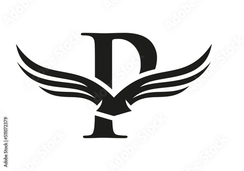 Letter P Wing Logo Design. Initial Flying Wing P Letter Logo. Letter P Wings Symbol Concept photo