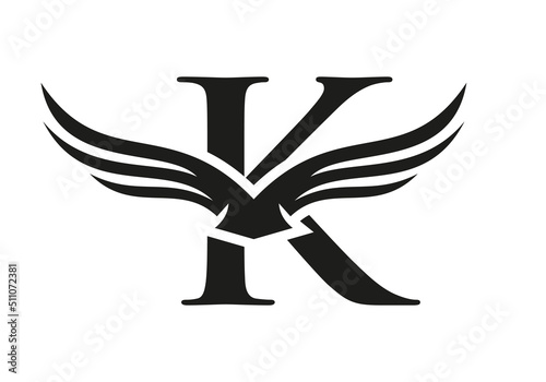 Letter K Wing Logo Design. Initial Flying Wing K Letter Logo. Letter K Wings Symbol Concept photo