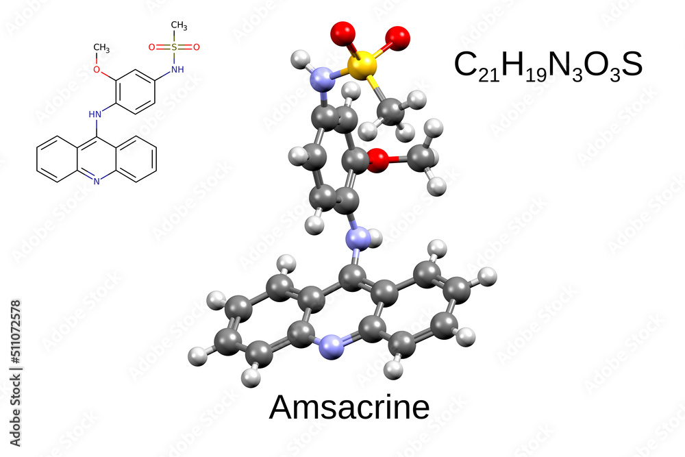 Chemical formula, skeletal formula, and 3D ball-and-stick model of chemotherapeutic drug amsacrine, white background