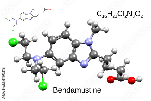 Chemical formula, skeletal formula, and 3D ball-and-stick model of chemotherapeutic drug bendamustine, white background