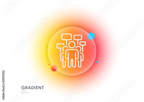 Voting campaign line icon. Gradient blur button with glassmorphism. People rally with signs. Public election symbol. Transparent glass design. Voting campaign line icon. Vector