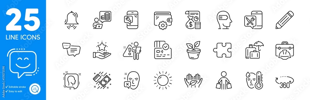 Outline icons set. Leaves, Text message and Luggage insurance icons. Buyer, Search employee, Sun energy web elements. Weariness, Face declined, Pencil signs. Fever, Phone repair, Food app. Vector Outline icons set. Leaves, Text message and Luggage insurance icons. Buyer, Search employee, Sun energy web elements. Weariness, Face declined, Pencil signs. Fever, Phone repair, Food app. Vector
