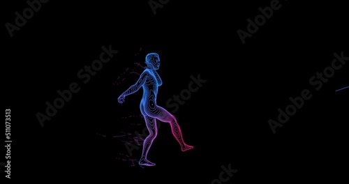 soccer player, drawing by color lines on a black background, hit the ball. 3d animation 4K 60fps