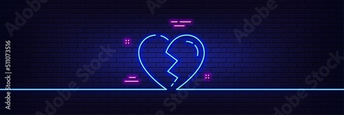 Neon light glow effect. Broken heart line icon. Love crush sign. Divorce symbol. 3d line neon glow icon. Brick wall banner. Broken heart outline. Vector