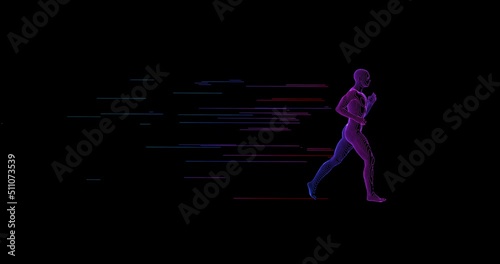 running man, drawing by color lines on a black background. 4K rendering 3d animation 